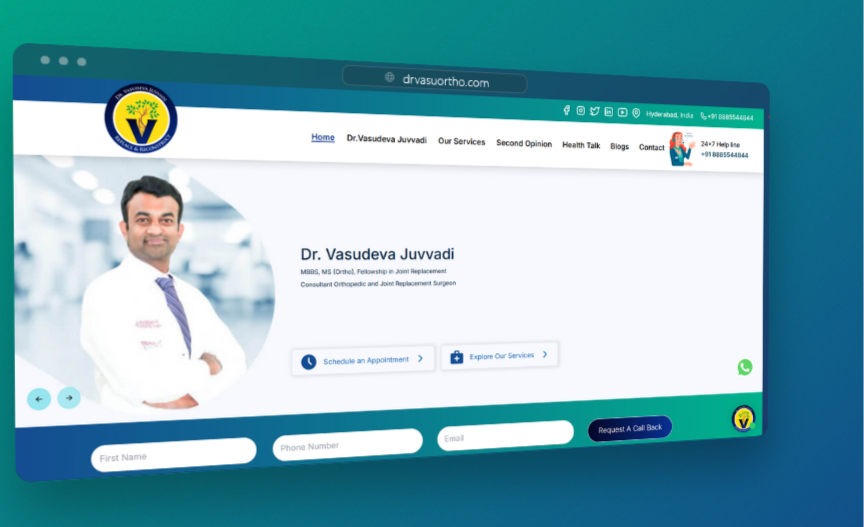 Screenshot of Dr. Vasu Ortho website - Developed by Jaya Sai Avinash Boddeda