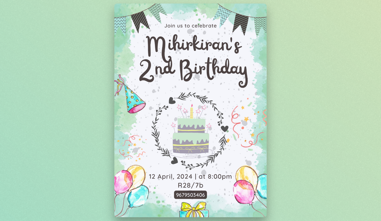 Playful 2nd Birthday Invitation for Mihirkiran with a pastel green theme, balloons, and cake illustration, designed Avinash Boddeda