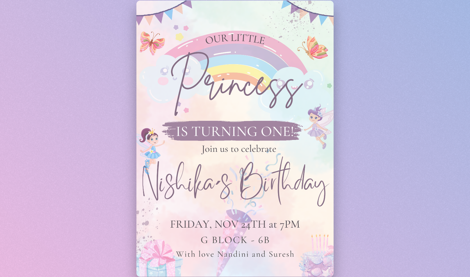 Beautiful 1st Birthday Invitation for Nishika with pastel rainbow theme, designed by Jaya Sai Avinash Boddeda