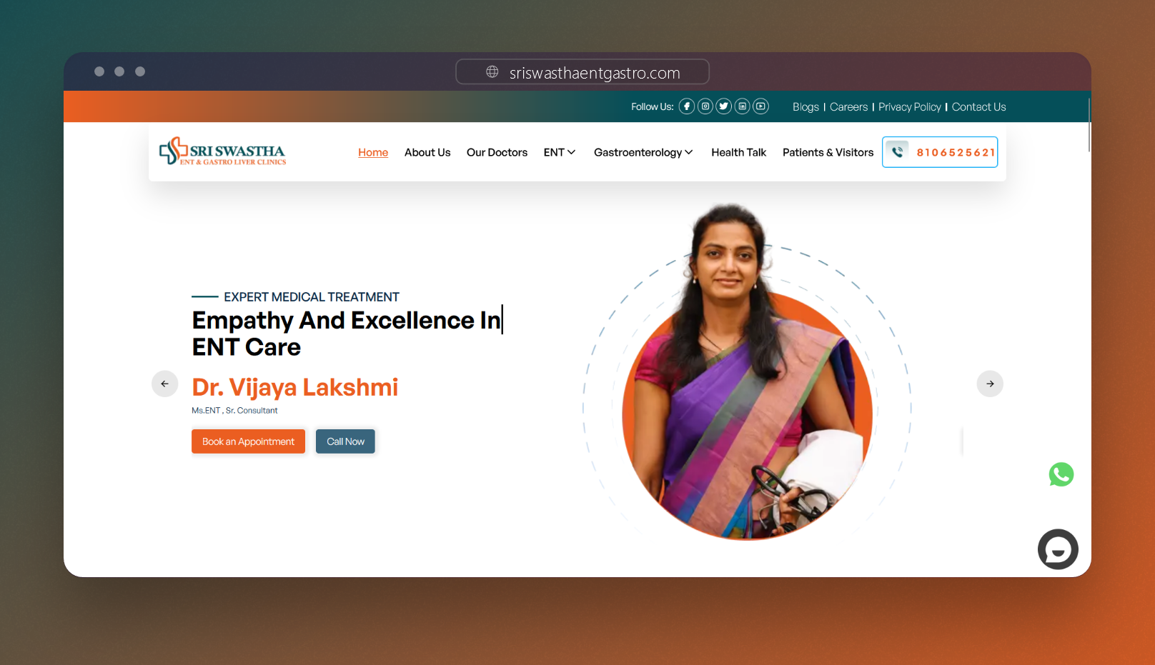Screenshot of Sri Swastha ENT Gastro - Website developed by Jaya Sai Avinash Boddeda